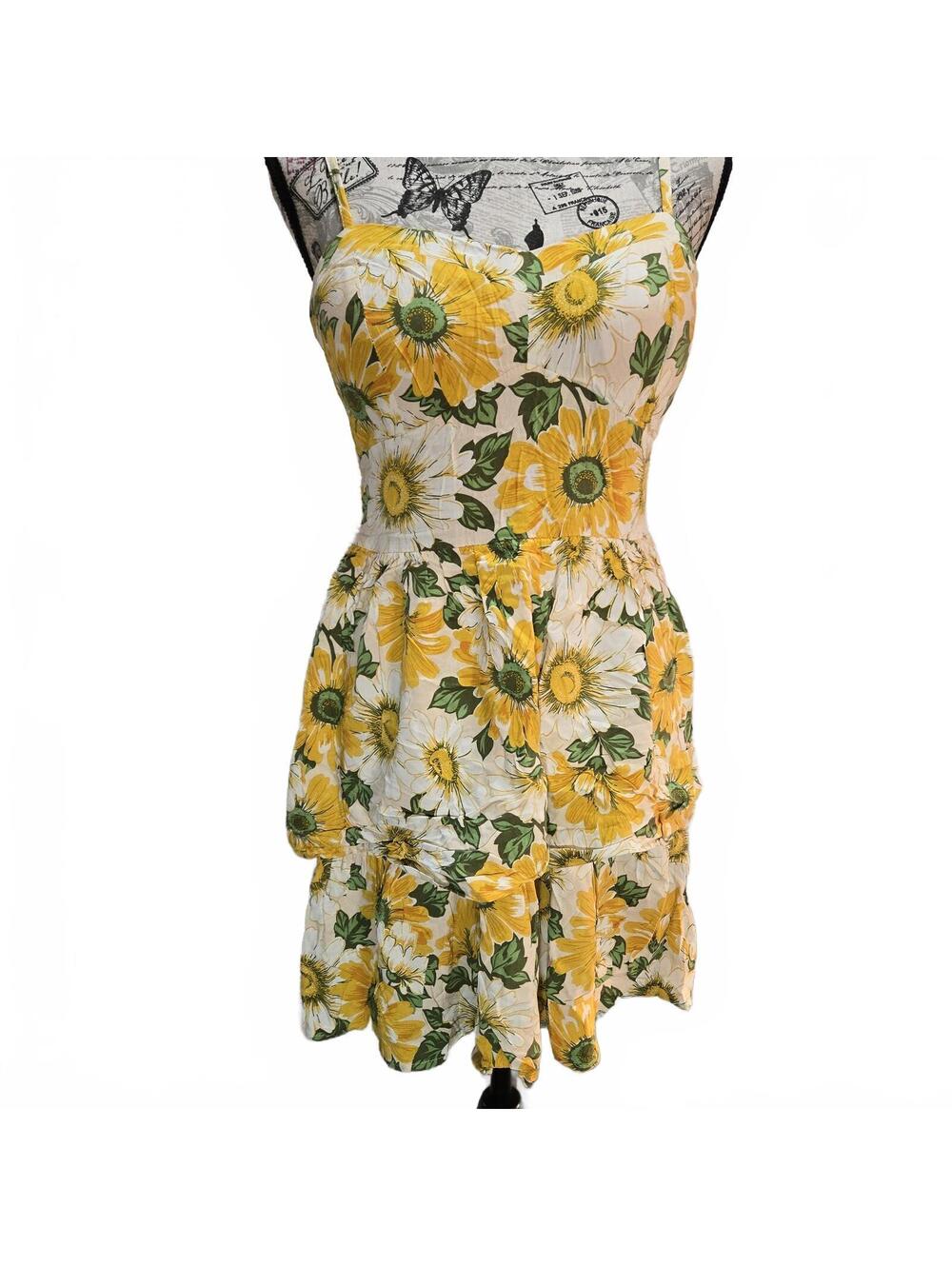 A.U.W. Sunflower Tiered Mini Dress Large Yellow Boho Cottagecore Sun Dress L